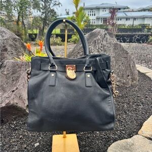 MICHAEL Michael Kors Hamilton Black Leather Satchel Gold Lock Charm Shoulder Bag
